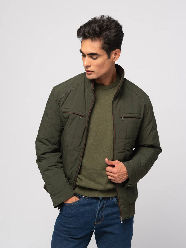 SMF Dark Green Quilted Grid Puffer Zip Up Jacket With Four Front Pockets