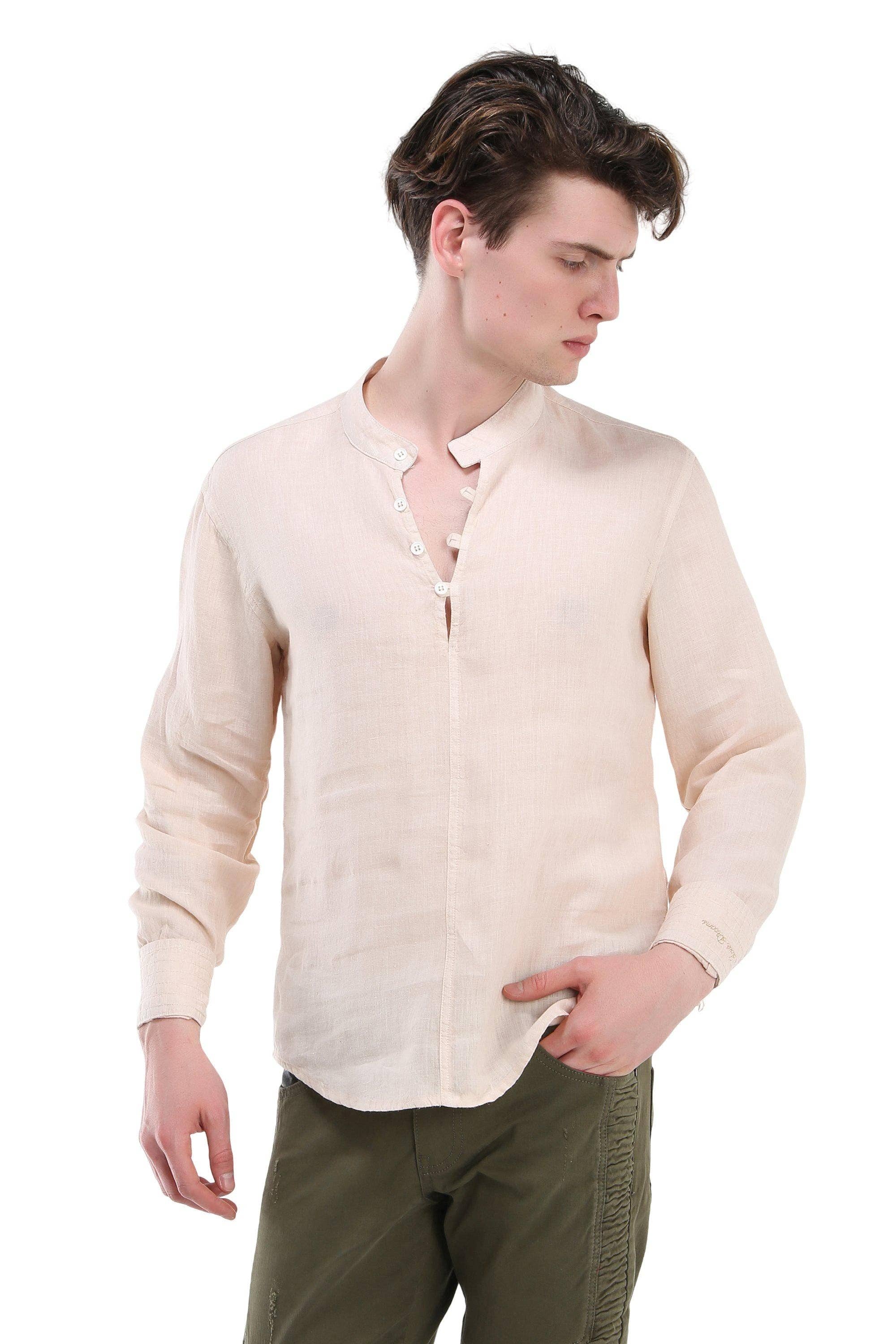 Faire,RNT 23, RNT 23 Beige Washed Linen Henley, Cream, Medium-42-TagM