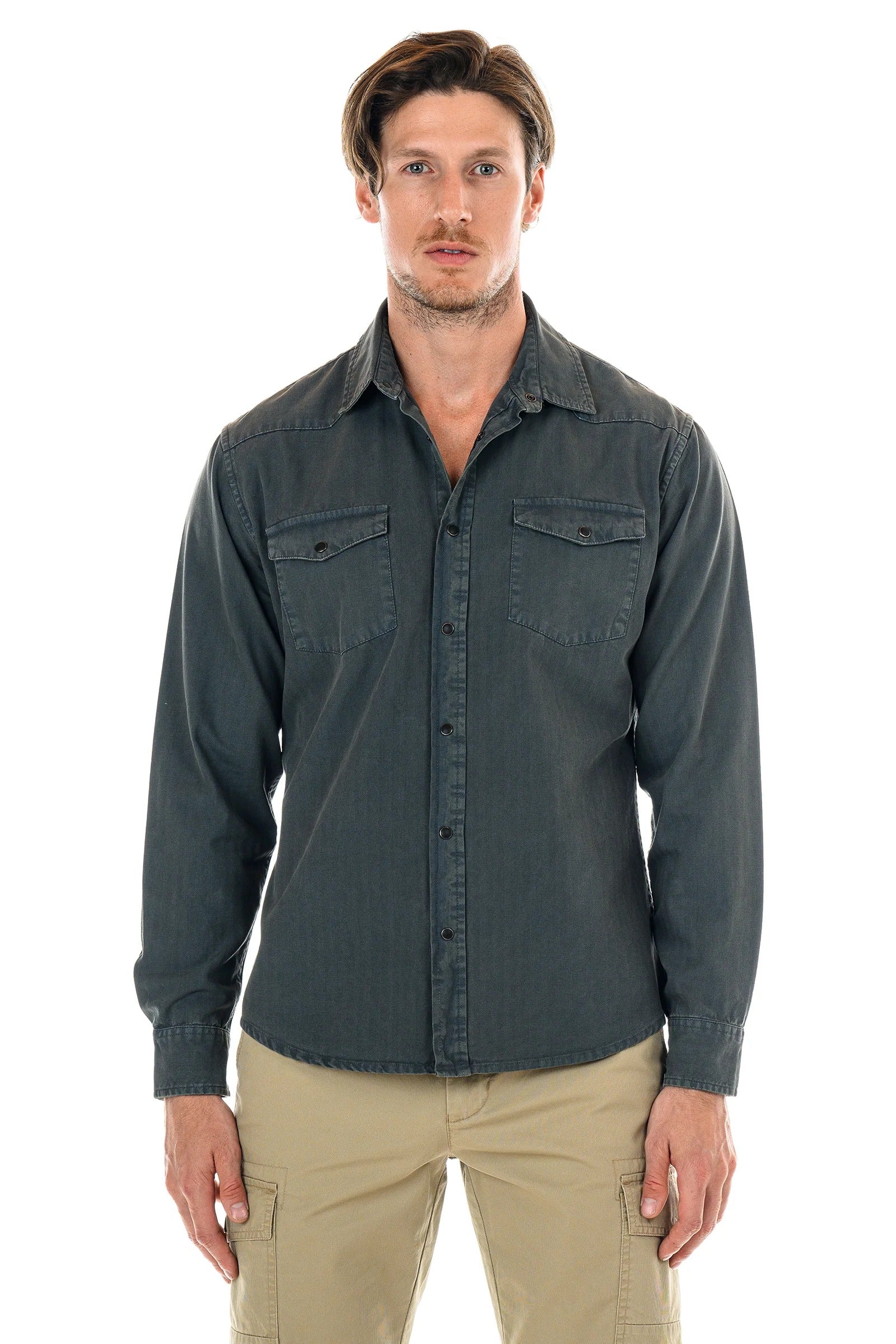 Brand Partner,R2 Amsterdam, Original Paperbacks Denim Blue Herringbone Long Sleeve Shirt, Blue, Extra Extra Large-52-TagXXLExtra Large-50-TagXLLarge-47-TagLLarge-46-TagM