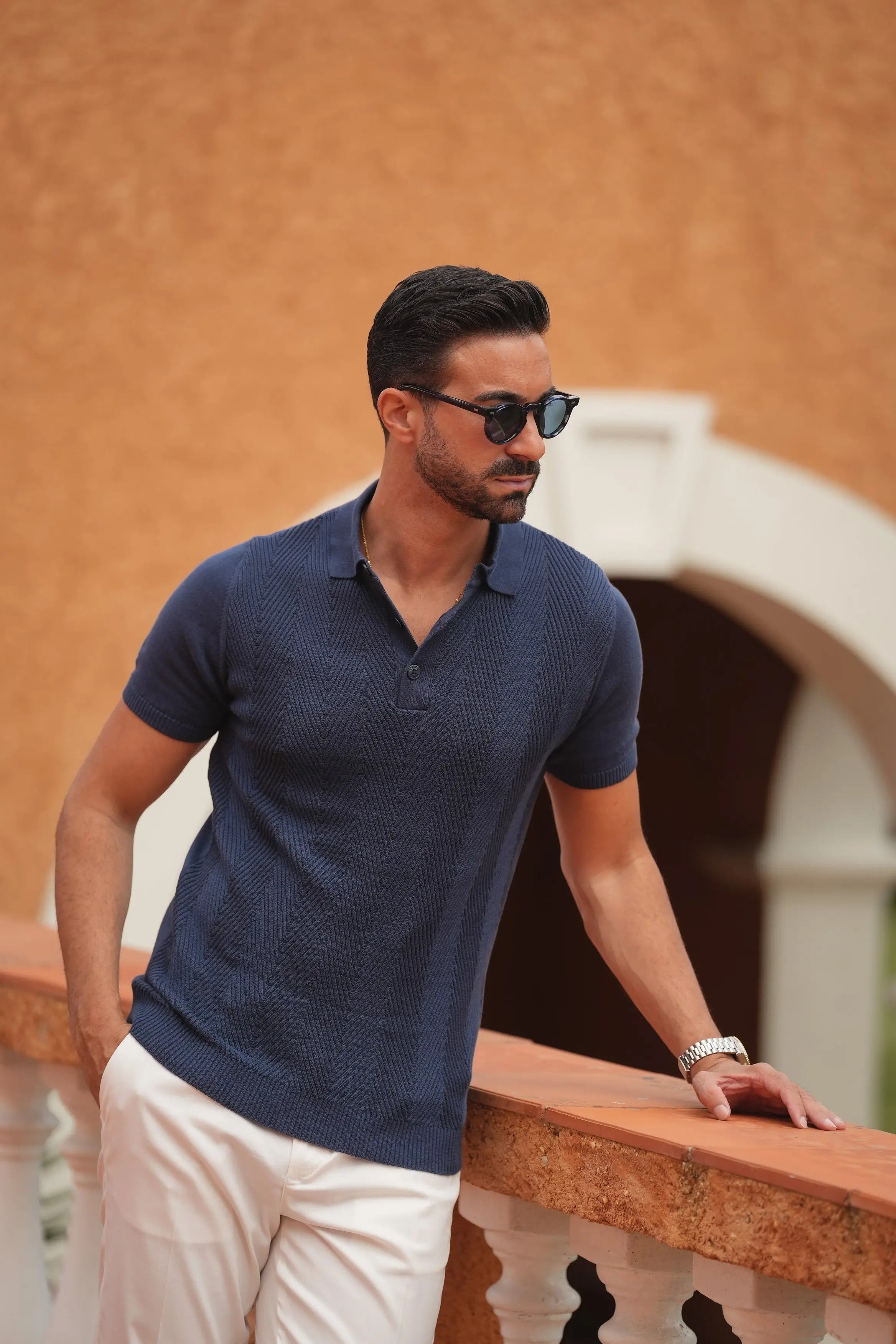 Faire,Donato, Donato Navy Knitted Slim Polo, Blue, Small-38-TagL
