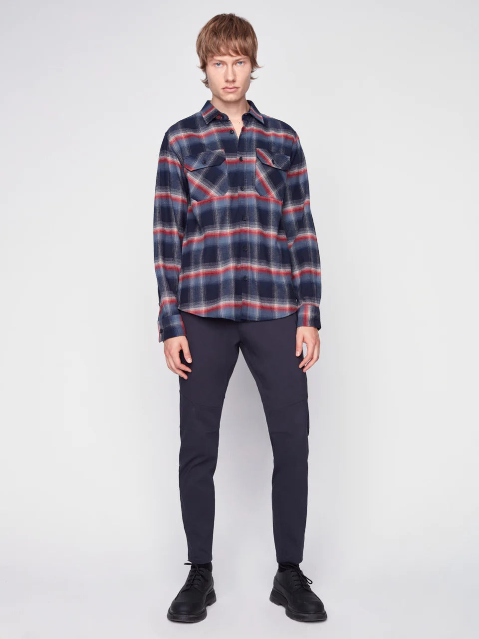 Wholesale,Projek Raw, Projek Raw Slate Blue Brushed Flannel Plaid Long Sleeve Plaid Shirt, Blue, Extra Extra Large-52-TagXXL