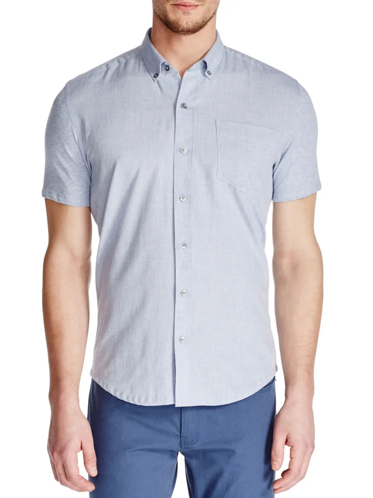 W.R.K., W.R.K Reworked Heather Light Blue Short Sleeve Shirt, Blue, Large-44-TagL