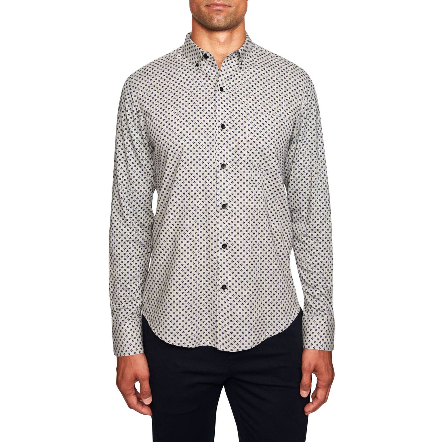 Faire,W.R.K., W.R.K Grey With Purple Dot Print Knit Back Long Sleeve Button Up Shirt, Grey, Large-45-TagLMedium-42-TagMLarge-44-TagL