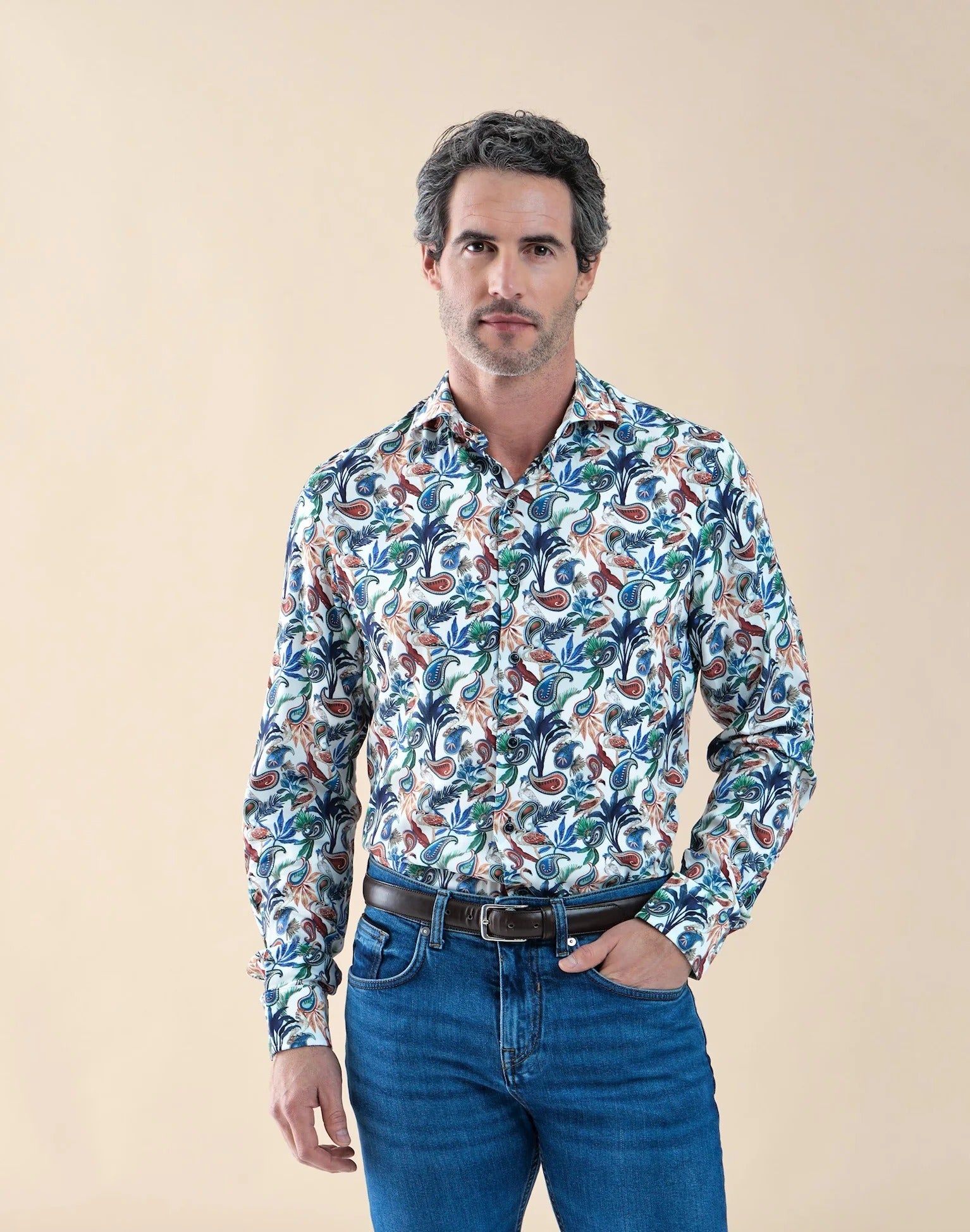 Brand Partner,R2 Amsterdam, R2 Amsterdam Multi Paisley Print Viscose Shirt, White, Large-46-Tag42