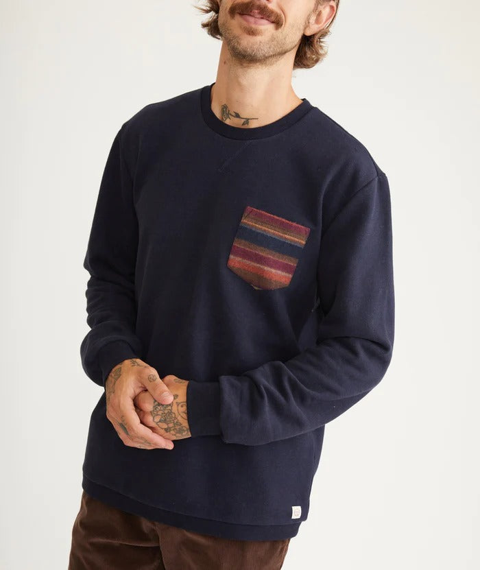 Wholesale,Marine Layer, Marine Layer Navy Long Sleeve Signature Fleece Pocket Crewneck, Blue, Small-40-TagS
