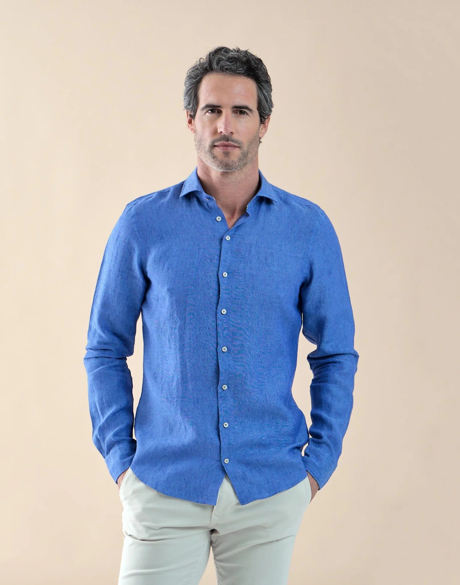 Brand Partner,R2 Amsterdam, R2 Amsterdam Dark Blue Linen Long Sleeve Shirt, Blue, Medium-44-Tag41