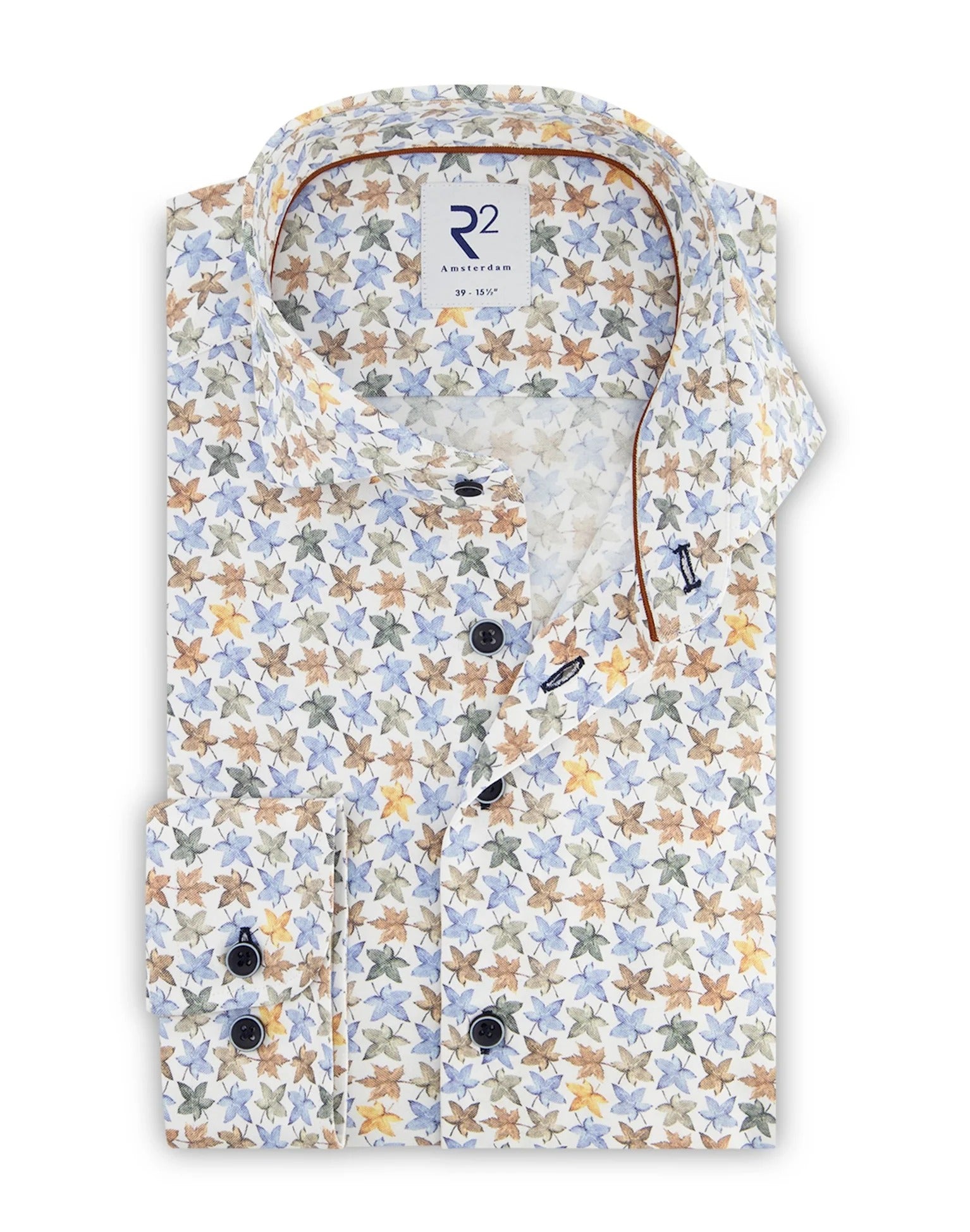 Brand Partner,R2 Amsterdam, R2 Amsterdam White Maple Leaf Print Long Sleeve Button Up Shirt, White, Large-47-Tag43