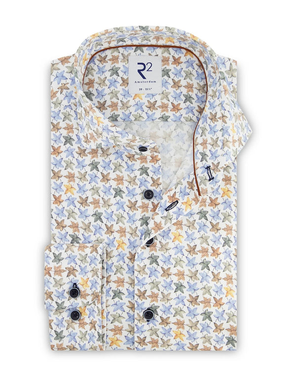 R2 Amsterdam White Maple Leaf Print Long Sleeve Button Up Shirt