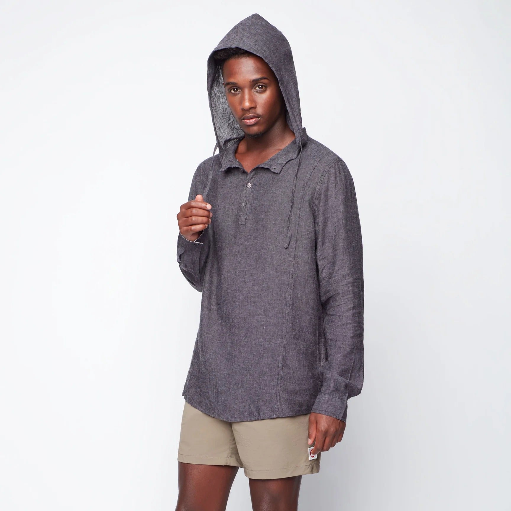 Wholesale,Public Beach, Public Beach Charcoal Linen Blend Long Sleeve Shirt with Hood, Grey, Medium-44-TagM