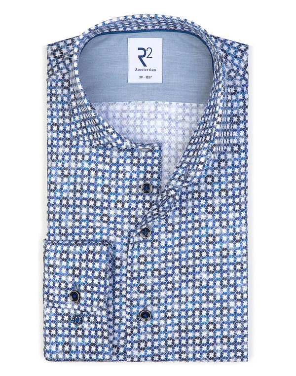 R2 Amsterdam Blue/White Lamp Print Long Sleeve Button Up Shirt