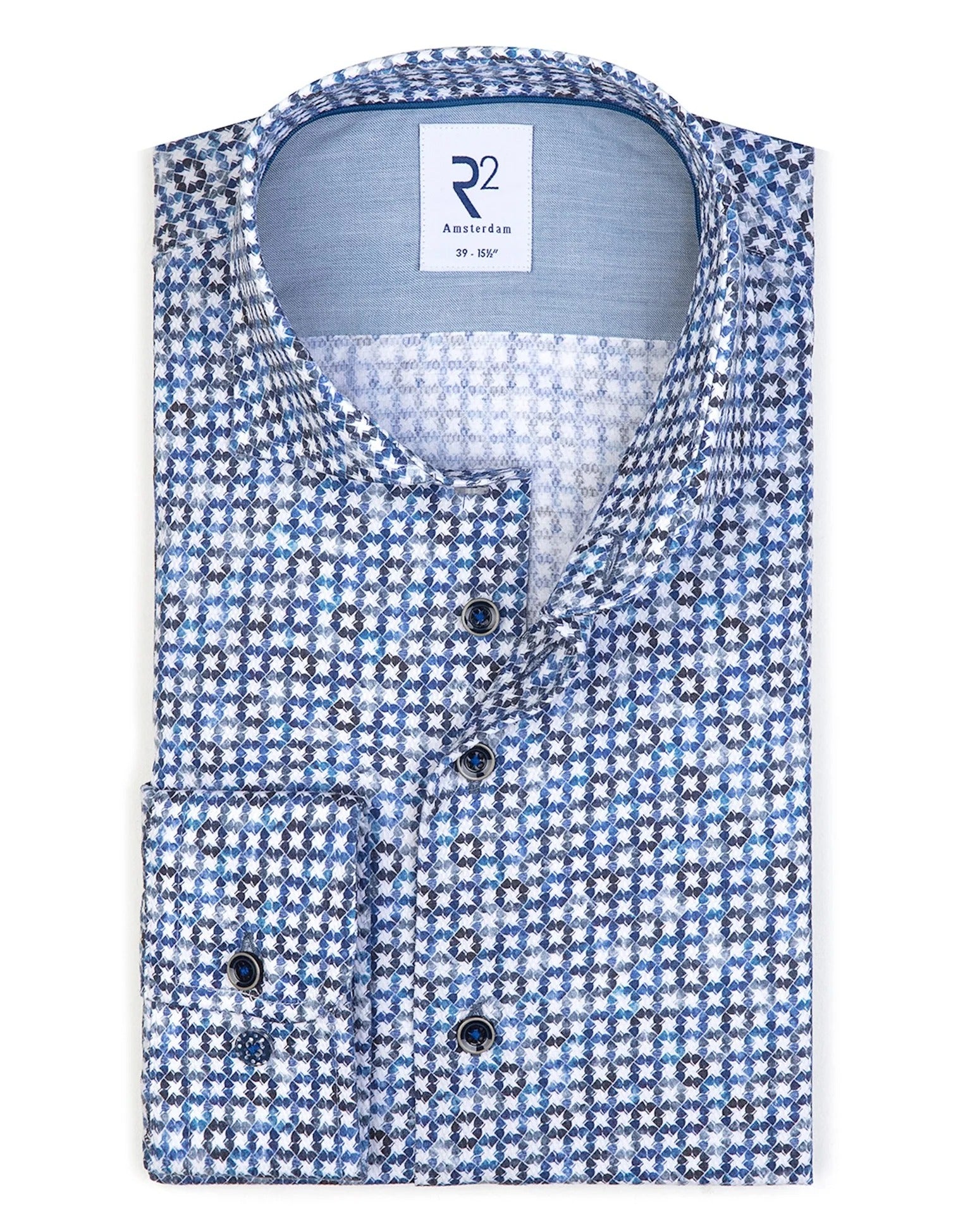 Brand Partner,R2 Amsterdam, R2 Amsterdam Blue/White Geo Lamp Print Cotton Long Sleeve Button Up Shirt, Blue, Large-47-Tag43