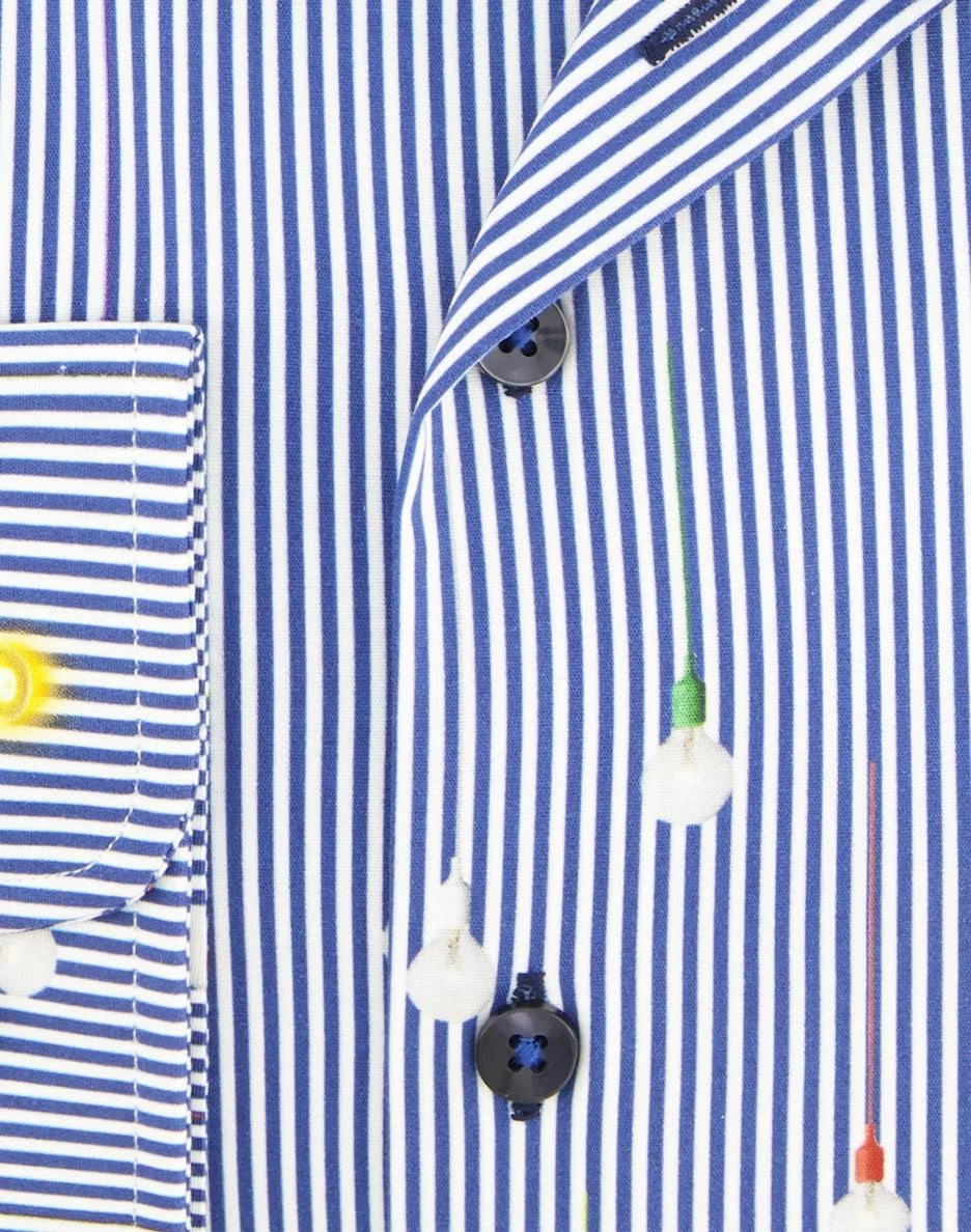 Brand Partner,R2 Amsterdam, R2 Amsterdam Dark Blue/White Striped Bulb Print Long Sleeve Button Up Shirt, Blue, Small-41-Tag39