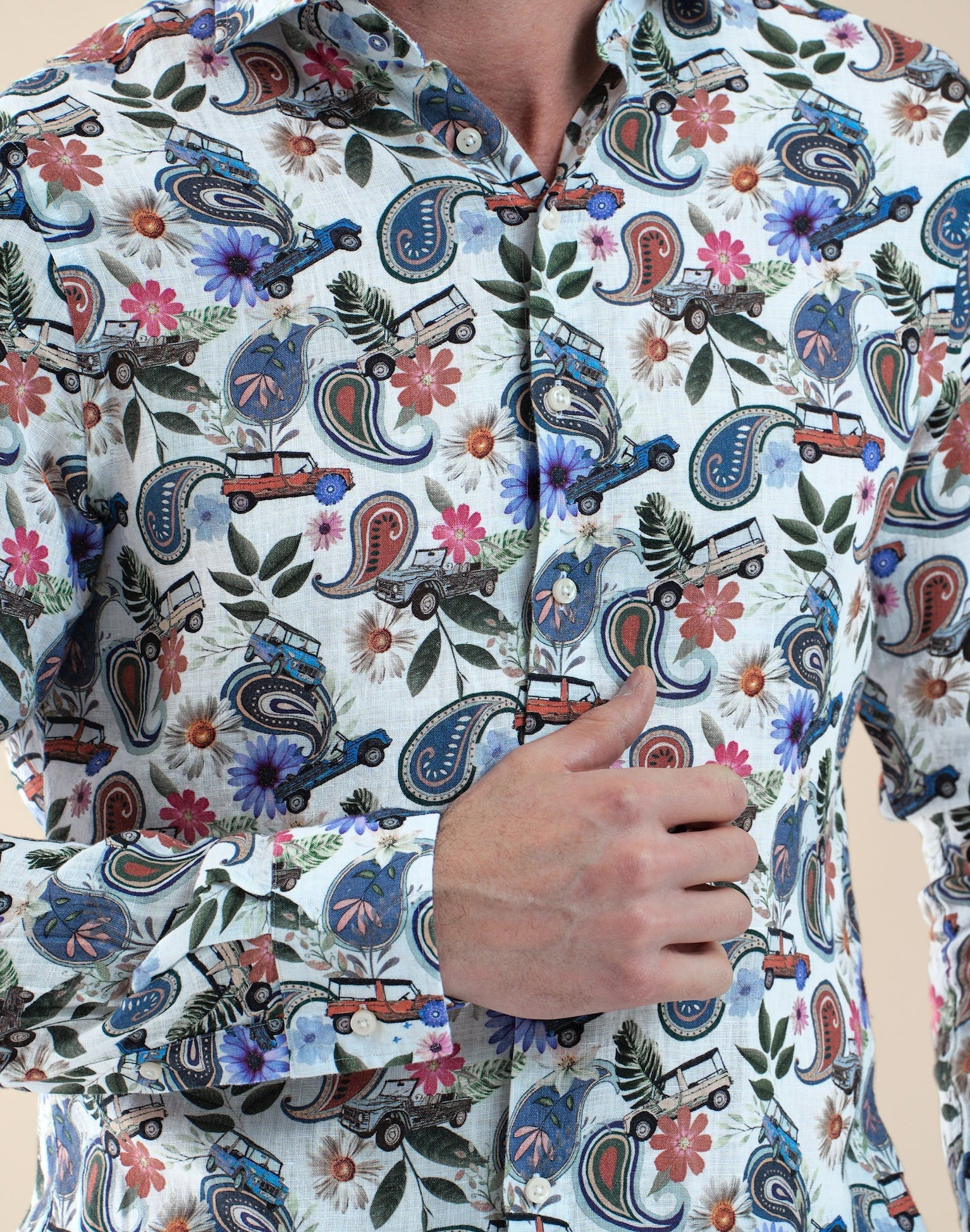 Brand Partner,R2 Amsterdam, R2 Amsterdam Multi Classic Beach-buggy Paisley Print Linen Shirt, White, Extra Extra Large-52-Tag45