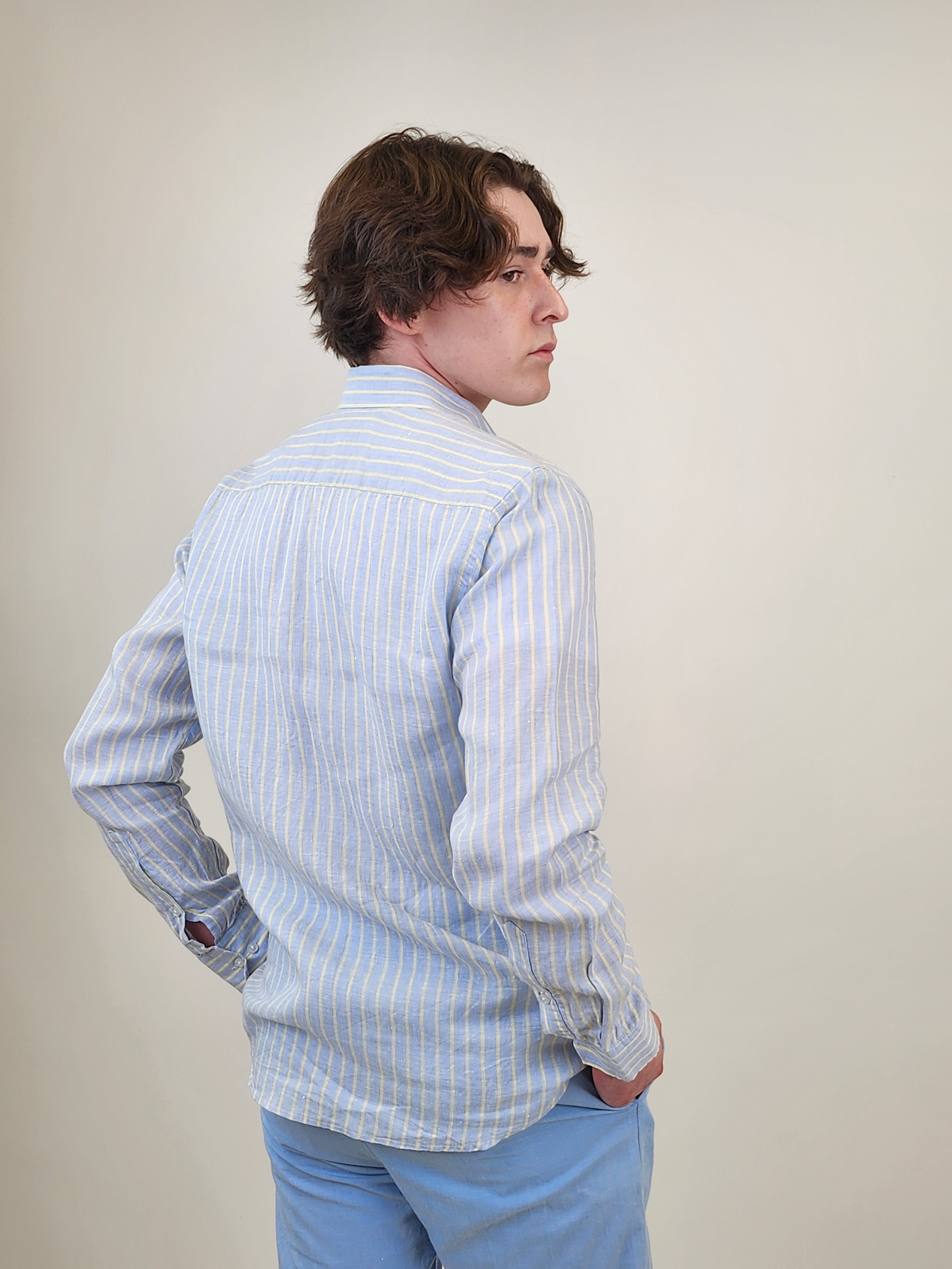 Brand Partner,R2 Amsterdam, R2 Amsterdam Light Blue Stripe Linen Long Sleeve Shirt, Blue, Medium-44-TagM