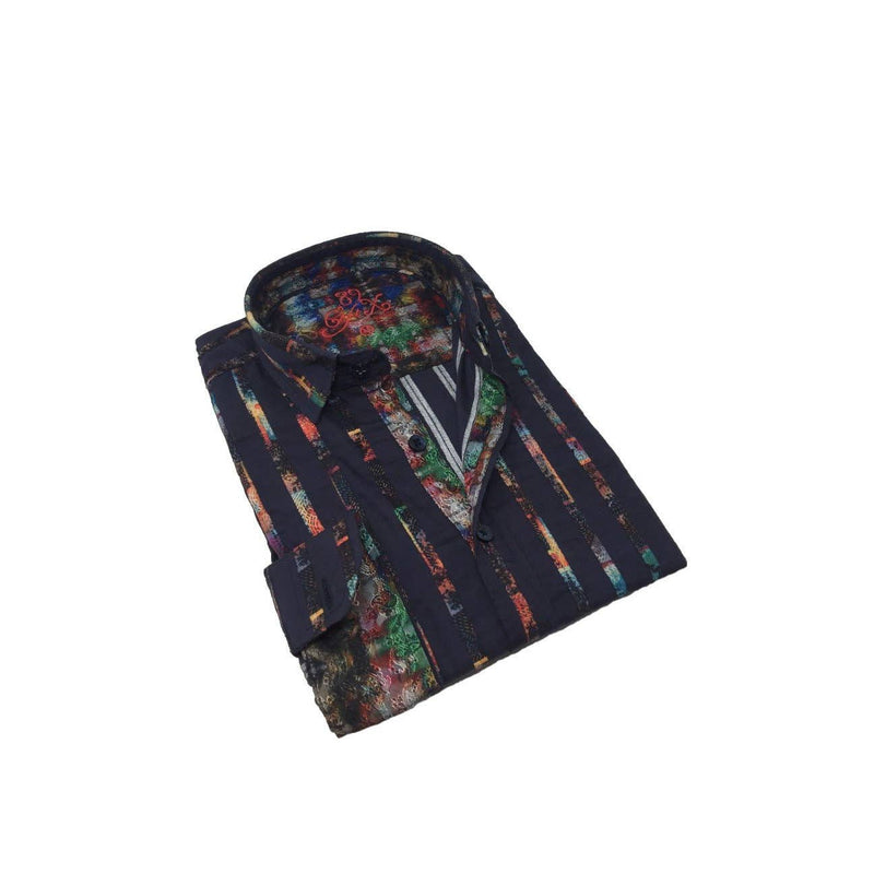 Eight X Navy w/ Multicolor Vertical Stripe Print Button Up