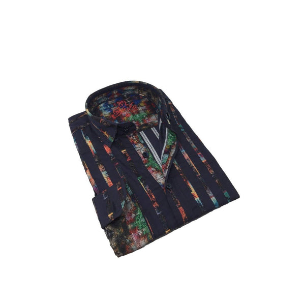 Eight X Navy w/ Multicolor Vertical Stripe Print Button Up