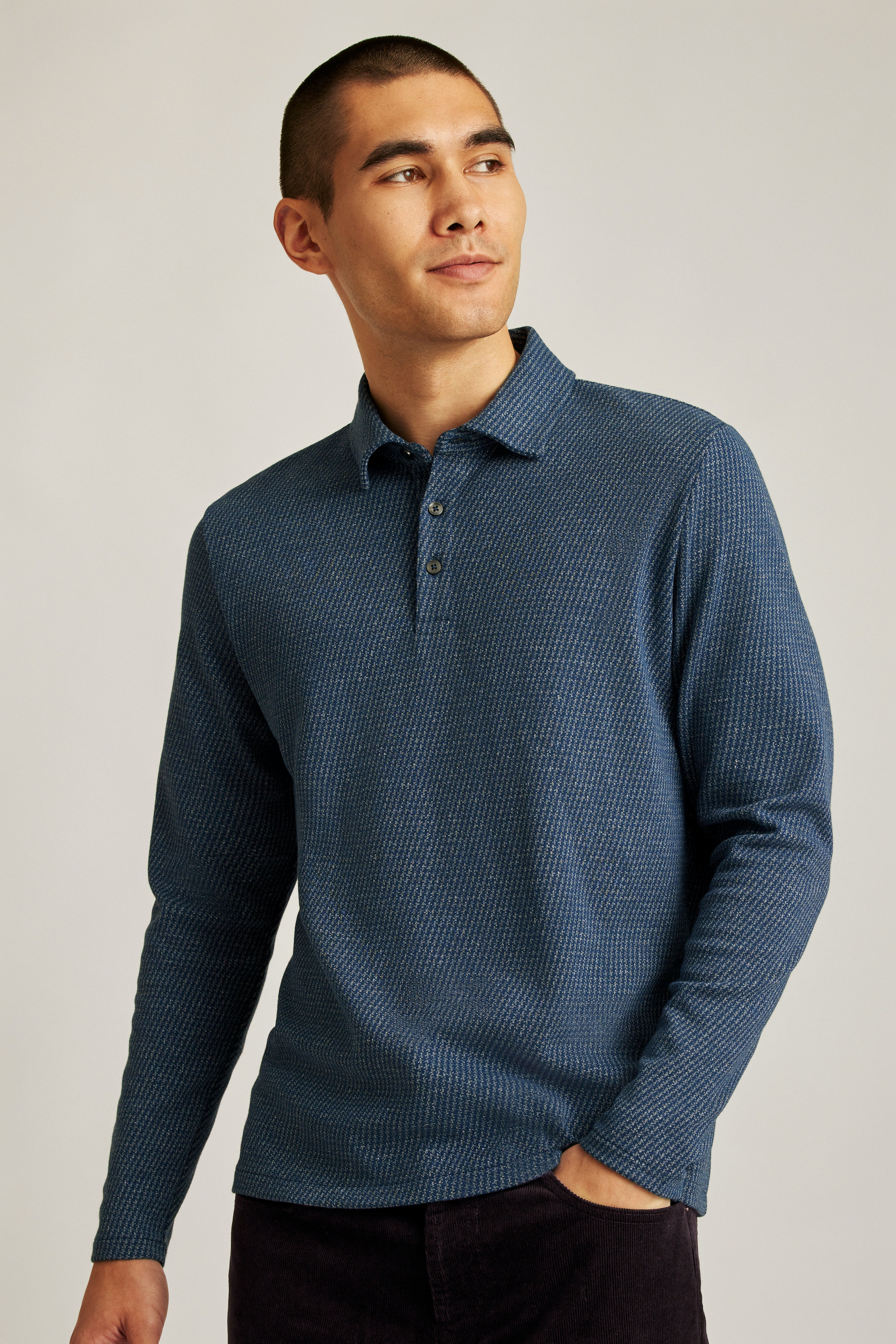 Wholesale,Bonobos, Bonobos Navy Puppytooth Luxe Long Sleeve Polo, Blue, Medium-41-TagM