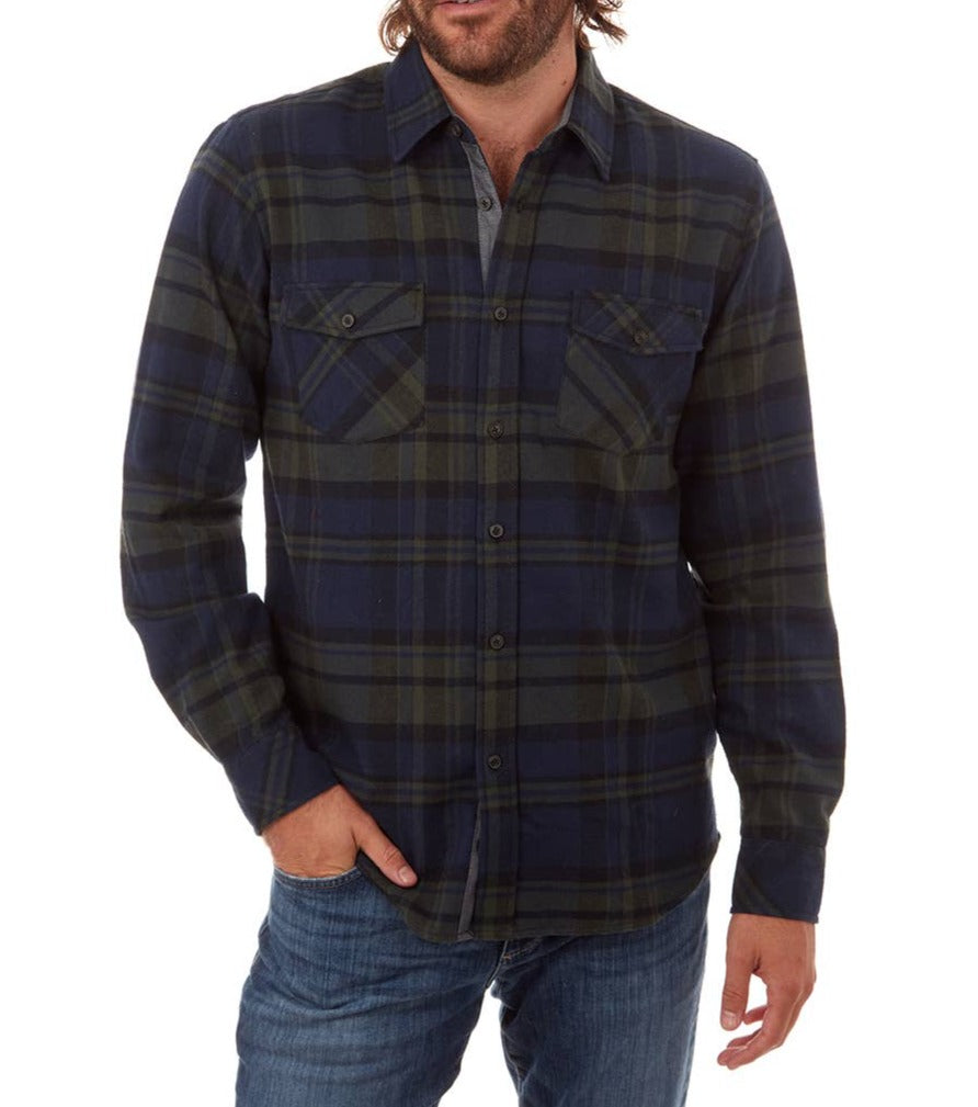 Faire,PX, PX Blue & Olive Green Plaid Flannel Long Sleeve Button Up Shirt, Blue, Medium-44-TagXL