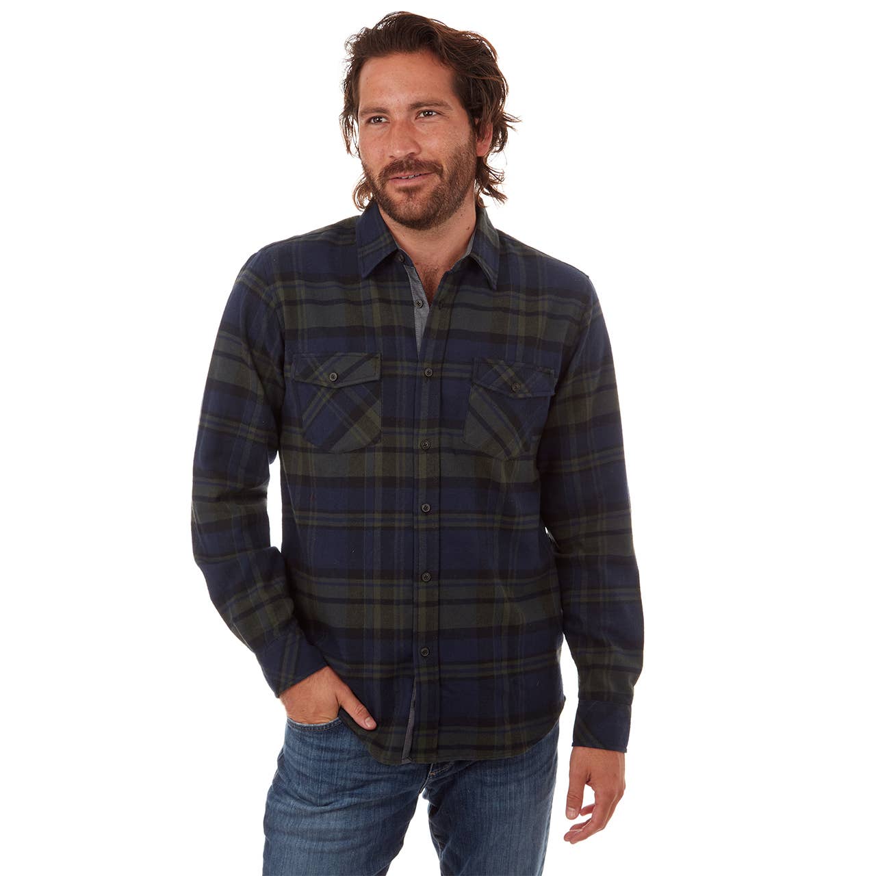 Faire,PX, PX Blue & Olive Green Plaid Flannel Long Sleeve Button Up Shirt, Blue, Medium-43-TagL