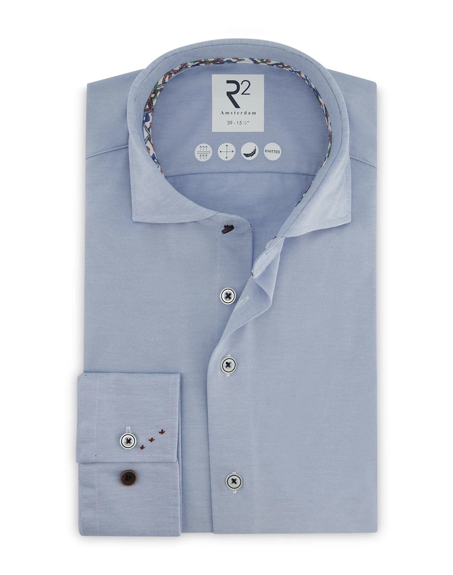 Brand Partner,R2 Amsterdam, R2 Amsterdam Light Blue Knitted Long Sleeve Button Up Shirt, Blue, Small-40-Tag38Extra Large-50-Tag44