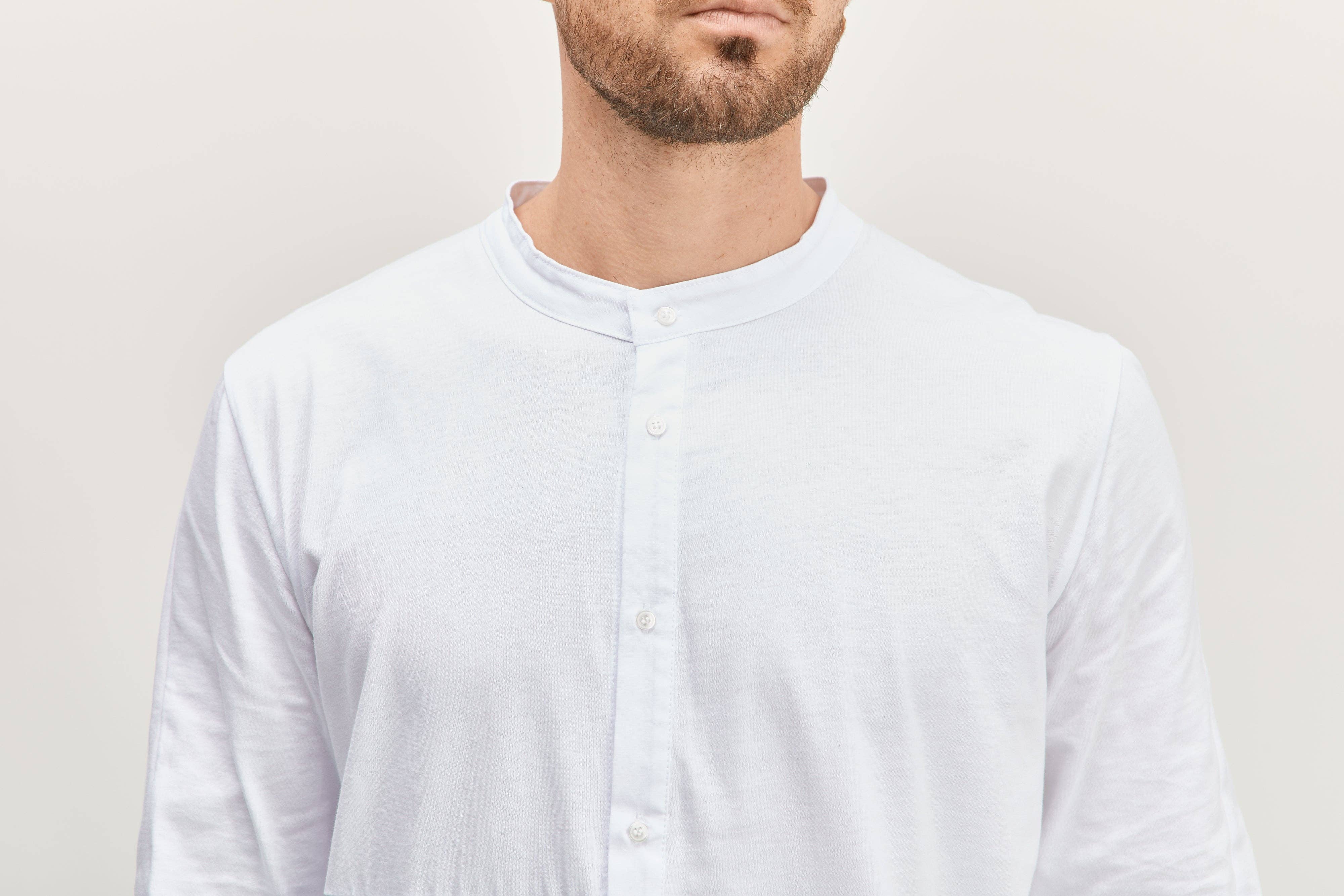 Faire,Ron Tomson, Ron Tomson White Paneled Collarless Long Sleeve Knit Button Up Shirt, White, Medium-44-TagM
