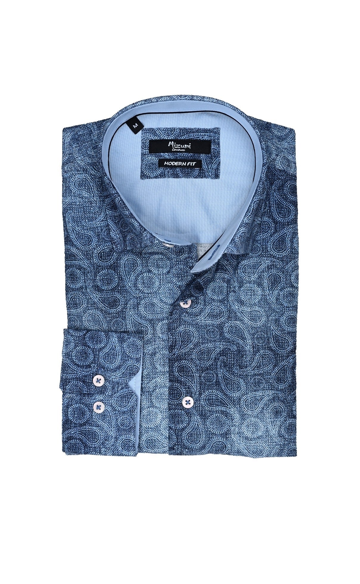 Wholesale,Mizumi, Mizumi Blue Paisley Print Long Sleeve Button Up Shirt, Blue, Large-45-TagL