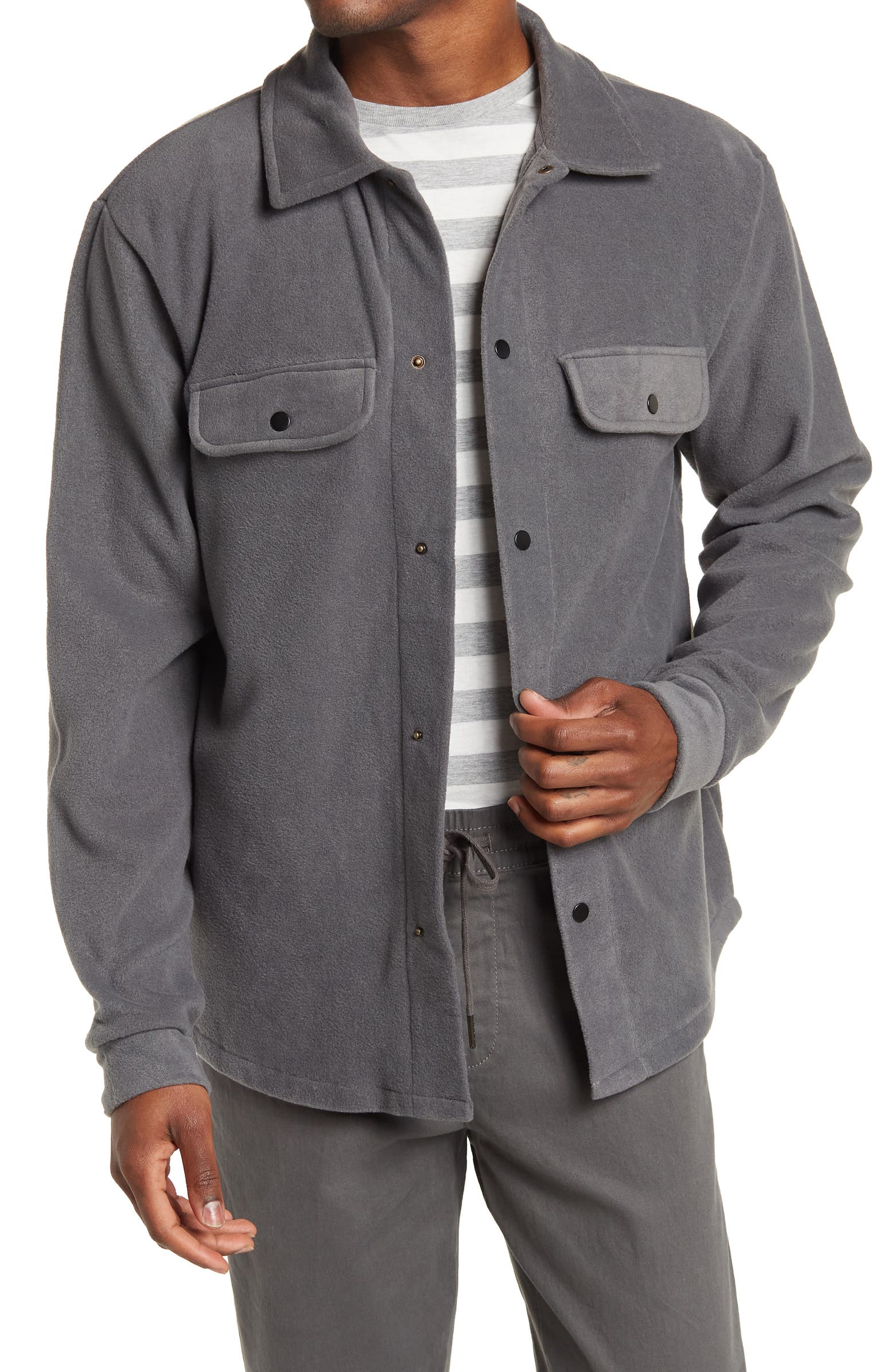 Nordstrom Rack,RDI, RDI Dark Grey Fleece Snap Closure Shirt Jacket, Grey, Large-48-TagL