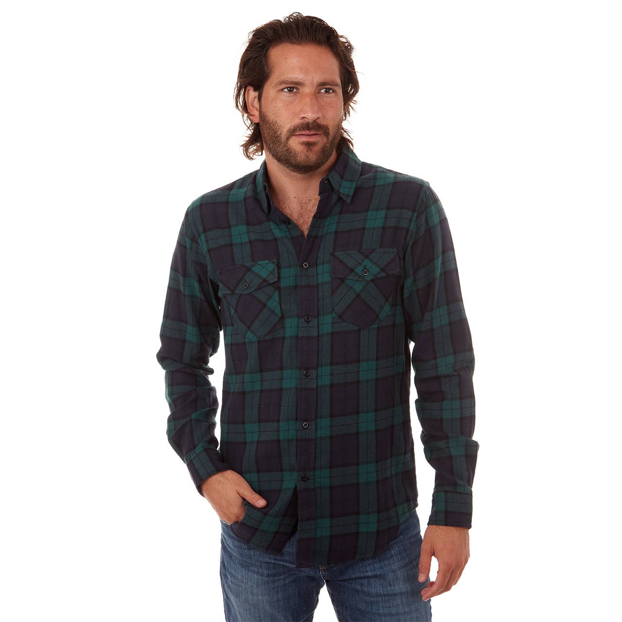 Faire,PX, PX Blue & Green Plaid Flannel Long Sleeve Button Up Shirt, Blue, Medium-44-TagL