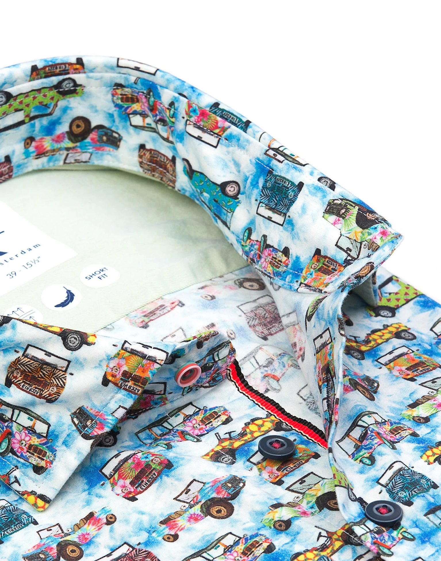 Brand Partner,R2 Amsterdam, R2 Amsterdam Blue Multi Car Print Stretch Shirt, Blue, Large-44-Tag41