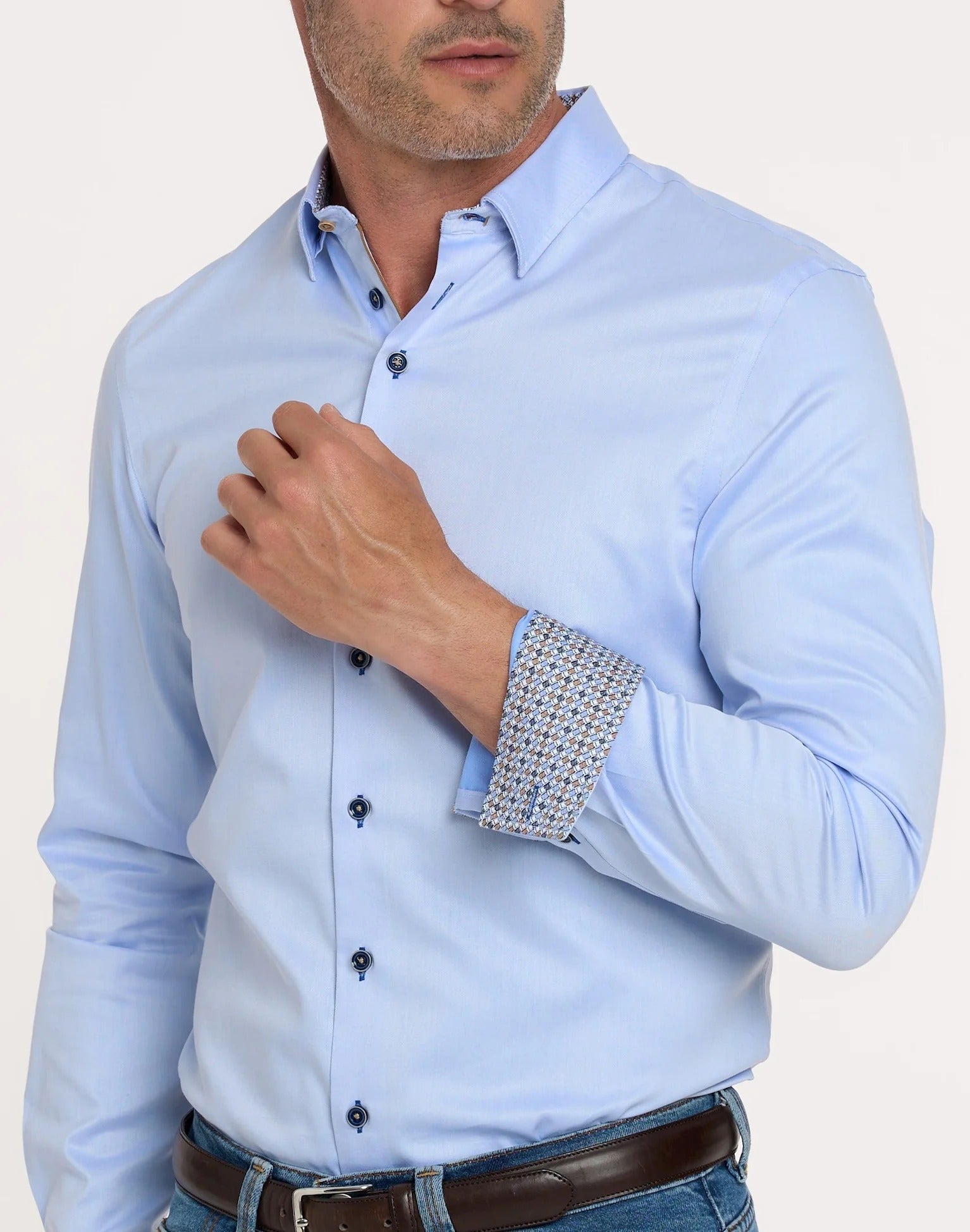 Brand Partner,R2 Amsterdam, R2 Amsterdam Light Blue 2 PLY Long Sleeve Button Up Shirt with Suitcase Print Contrast, Blue, Small-40-Tag38