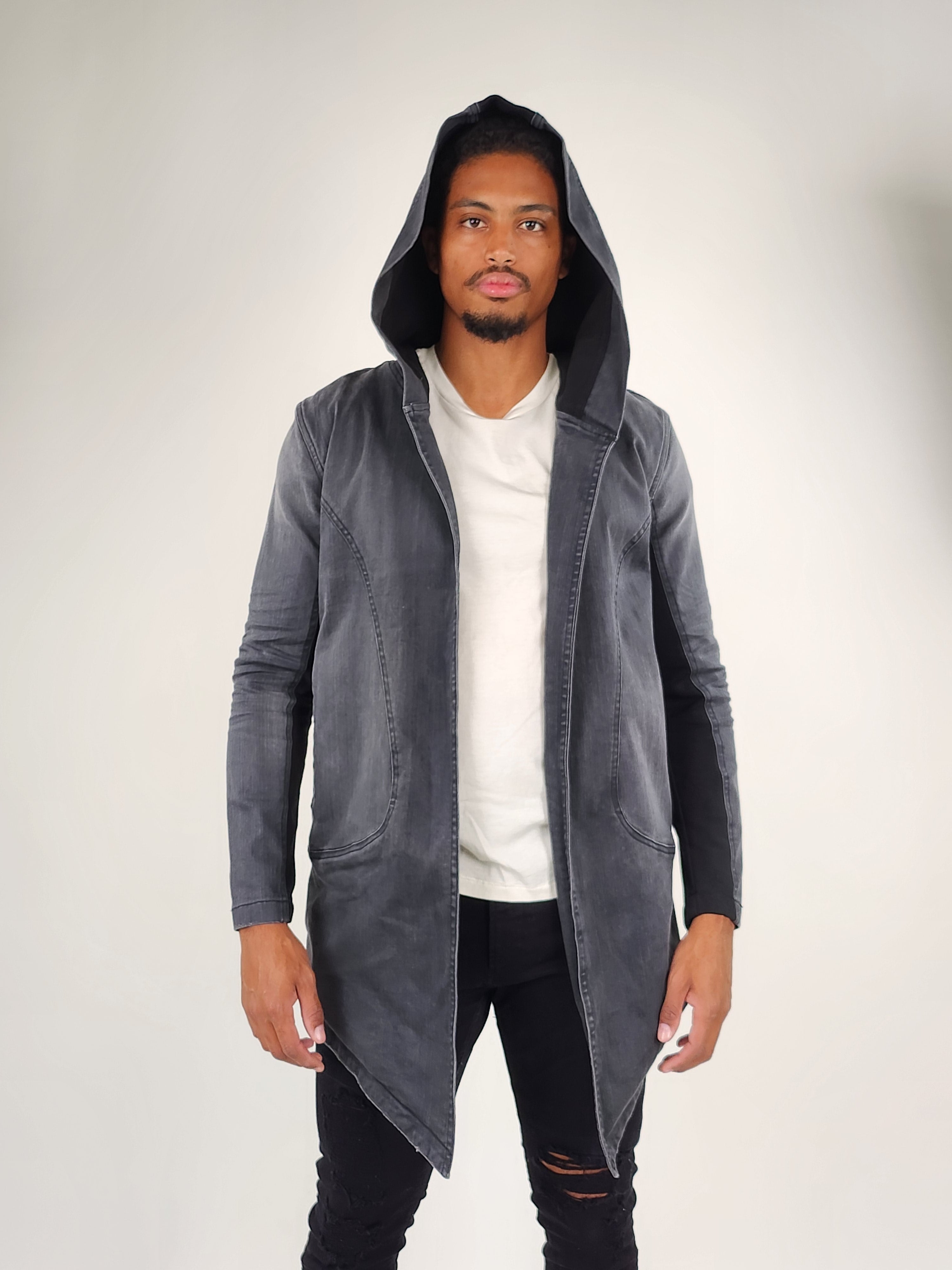 Wholesale,Reesedeluca, Reese De Luca Grey Wash Long Sleeve Hood Jacket with Black Contrast, Black, Small-41-TagM