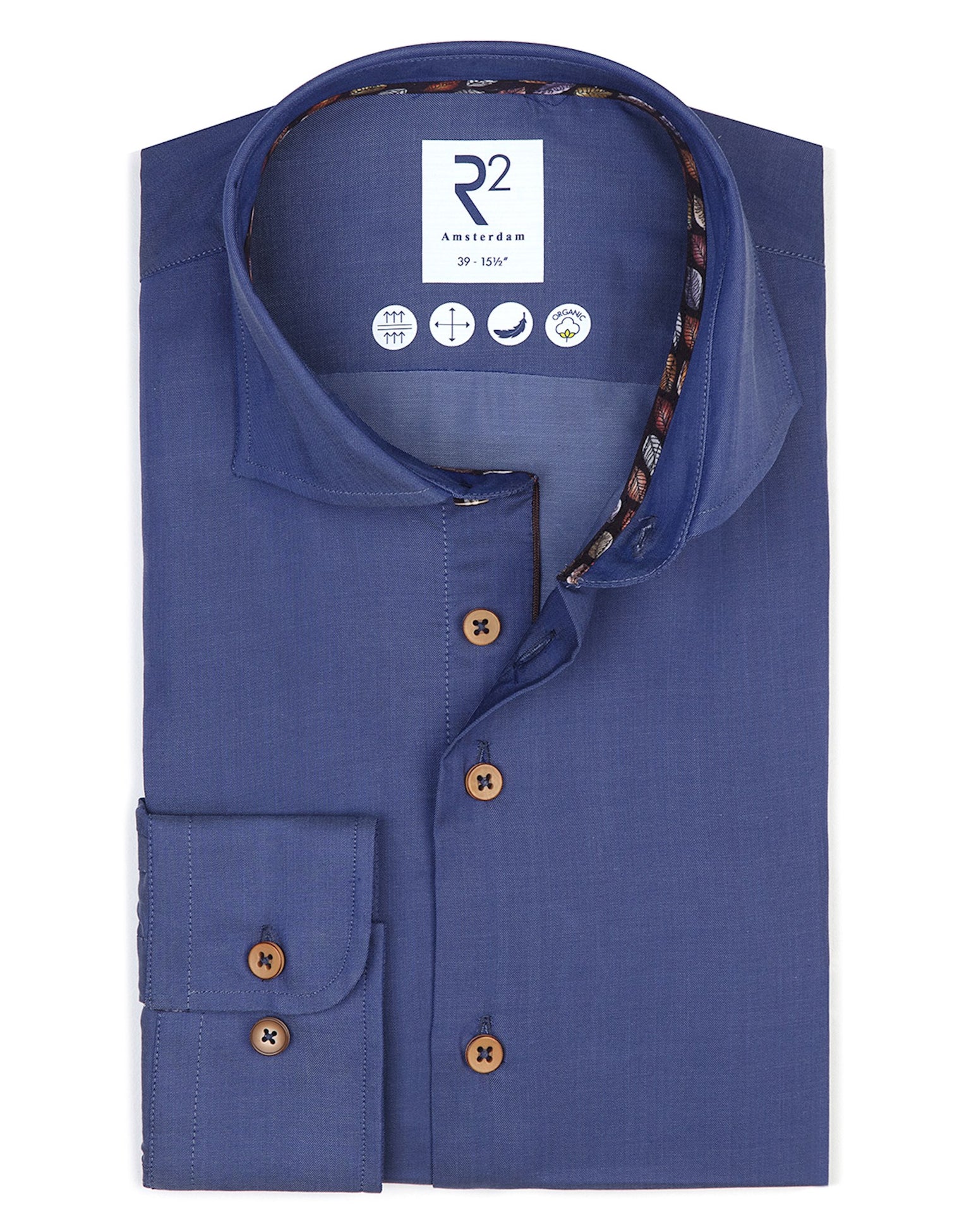 Brand Partner,R2 Amsterdam, R2 Amsterdam Dark Blue Long Sleeve Button Up Tencel Shirt, Blue, Small-41-Tag39