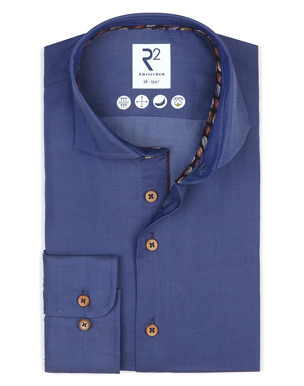 R2 Amsterdam Dark Blue Long Sleeve Button Up Tencel Shirt
