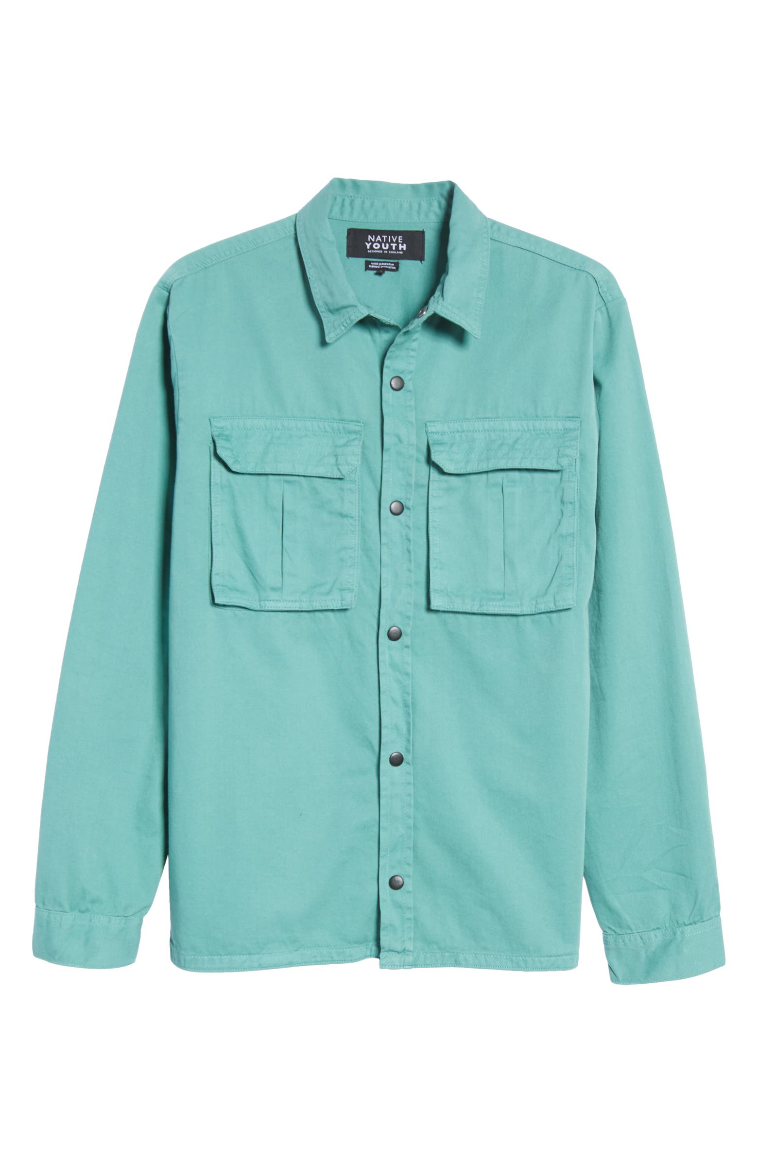 Nordstrom Rack,Native Youth, Native Youth Teal Twill Overshirt With Double Front Chest Pockets, Green, Medium-42-TagM