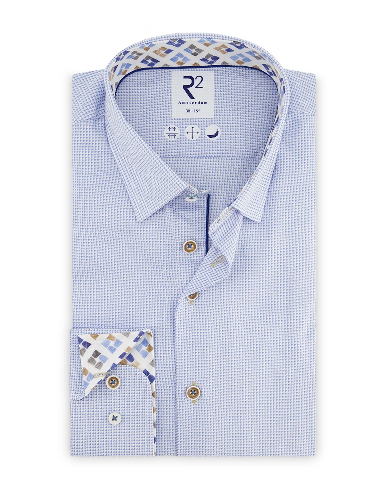 Brand Partner,R2 Amsterdam, R2 Amsterdam Light Blue Stripe Long Sleeve Button Up Shirt with Cup Print Collar Contrast, Blue, Small-41-Tag39