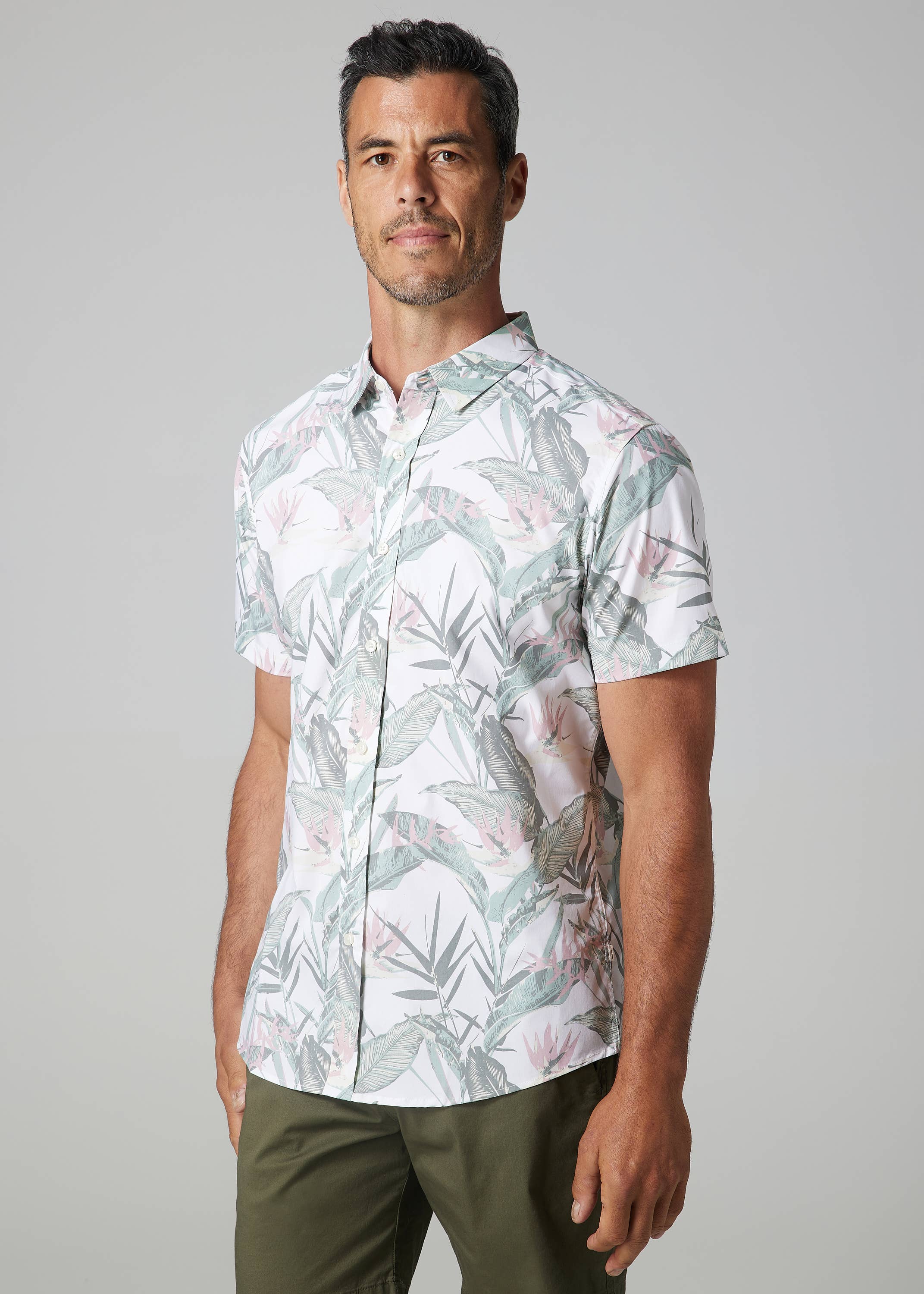 Faire,Julian & Mark, Julian & Mark White Palm Print Short Sleeve Button Up Shirt, White, Extra Large-49-TagXL