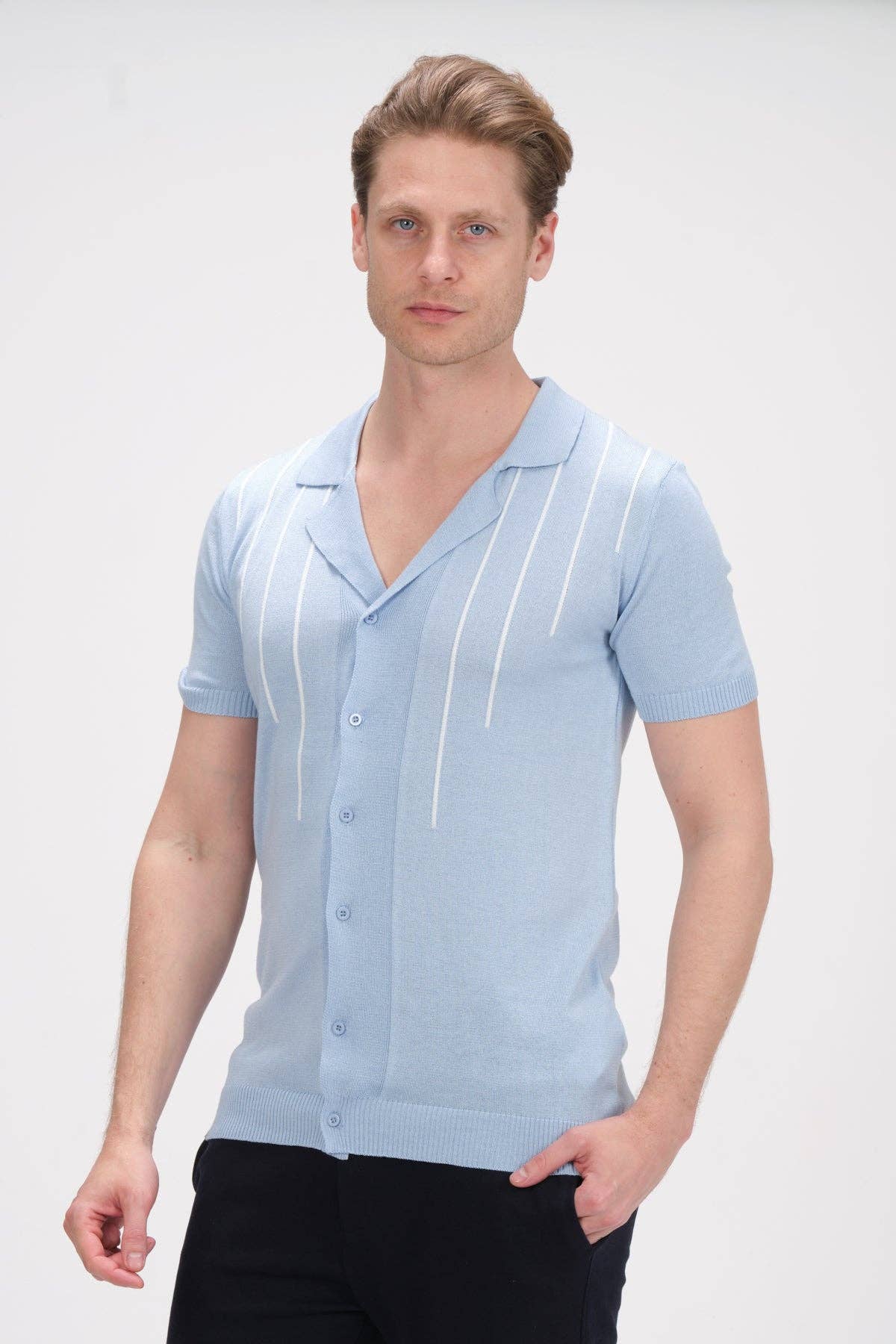 Faire,Ron Tomson, RNT 23 Blue Knit Short Sleeve Button Up, Blue, Small-39-TagM