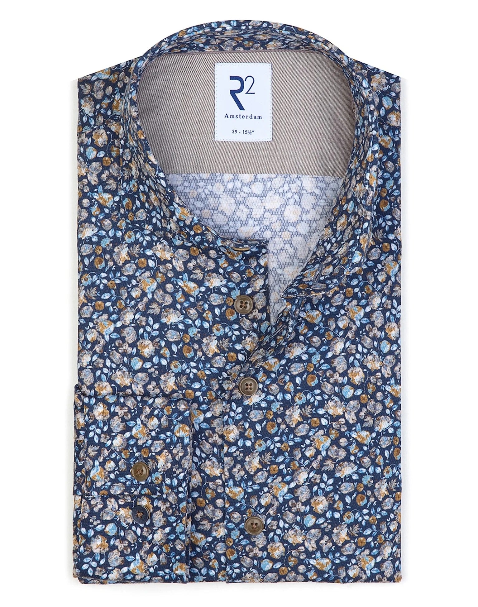 Brand Partner,R2 Amsterdam, R2 Amsterdam Blue Floral Print Long Sleeve Button Up  Cotton Shirt, Blue, Medium-44-Tag41Extra Large-50-Tag44Large-47-Tag43