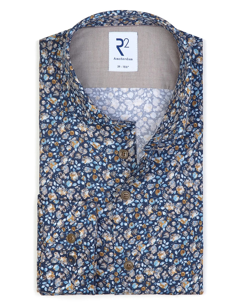 R2 Amsterdam Blue Floral Print Long Sleeve Button Up  Cotton Shirt