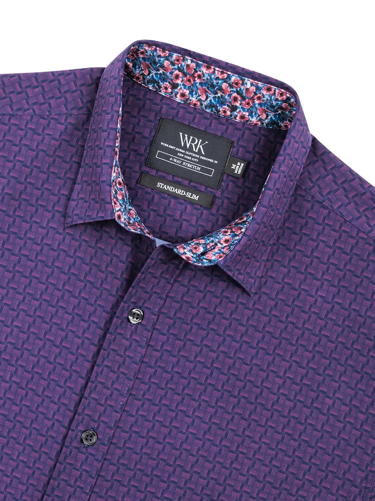 W.R.K., W.R.K Purple Square Geo Print 4-Way Stretch Short Sleeve Shirt, Purple, Extra Large-46-TagXLLarge-44-TagLMedium-42-TagM