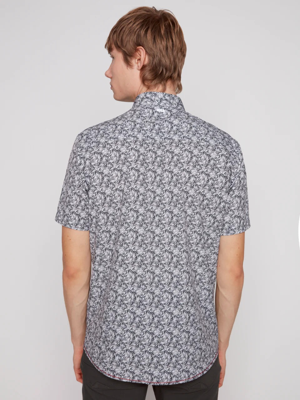 Wholesale,Projek Raw, Projek Raw Grey/Black Foliage Print Short Sleeve 4 Way Stretch Shirt, Grey, Large-46-TagL