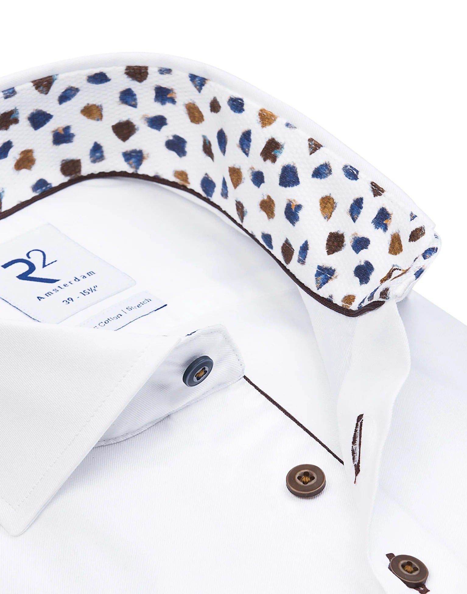 Brand Partner,R2 Amsterdam, R2 Amsterdam White 2 PLY Organic Cotton Long Sleeve Button Up Shirt with Blue and Beige Print Contrast, White, Small-42-Tag40Extra Large-51-Tag45