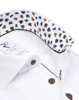R2 Amsterdam White 2 PLY Organic Cotton Long Sleeve Button Up Shirt with Blue and Beige Print Contrast