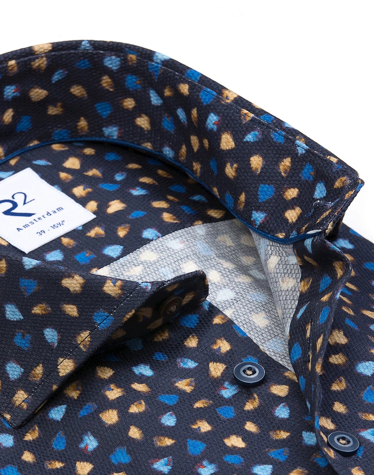 Brand Partner,R2 Amsterdam, R2 Amsterdam Navy Blue Conversational Beige Print Long Sleeve Button Up Shirt, Blue, Small-42-Tag40
