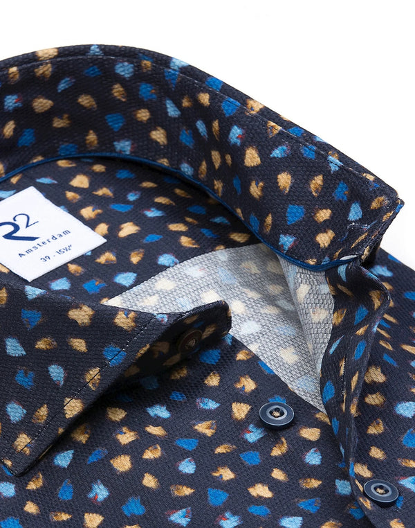 R2 Amsterdam Navy Blue Conversational Beige Print Long Sleeve Button Up Shirt