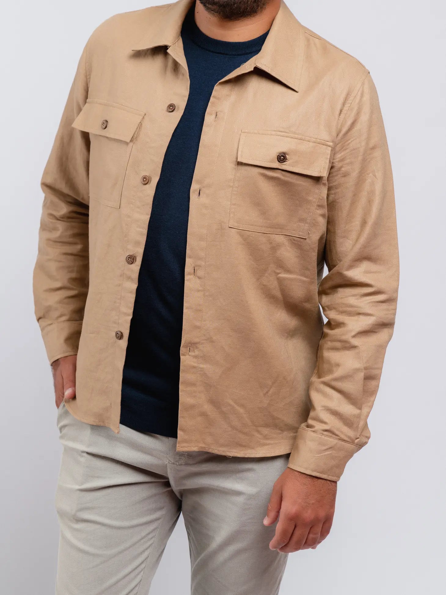Faire,SMF, SMF Tan Linen Blend Long Sleeve Overshirt, Tan, Large-46-TagXL