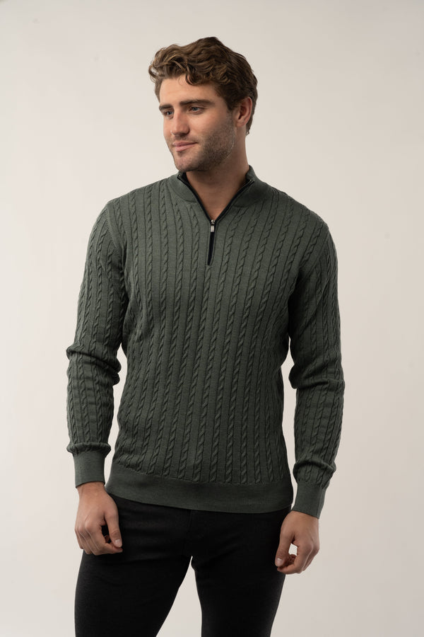 Luchiano Visconti Olive Quartz Zip Cable Long Sleeve Pullover
