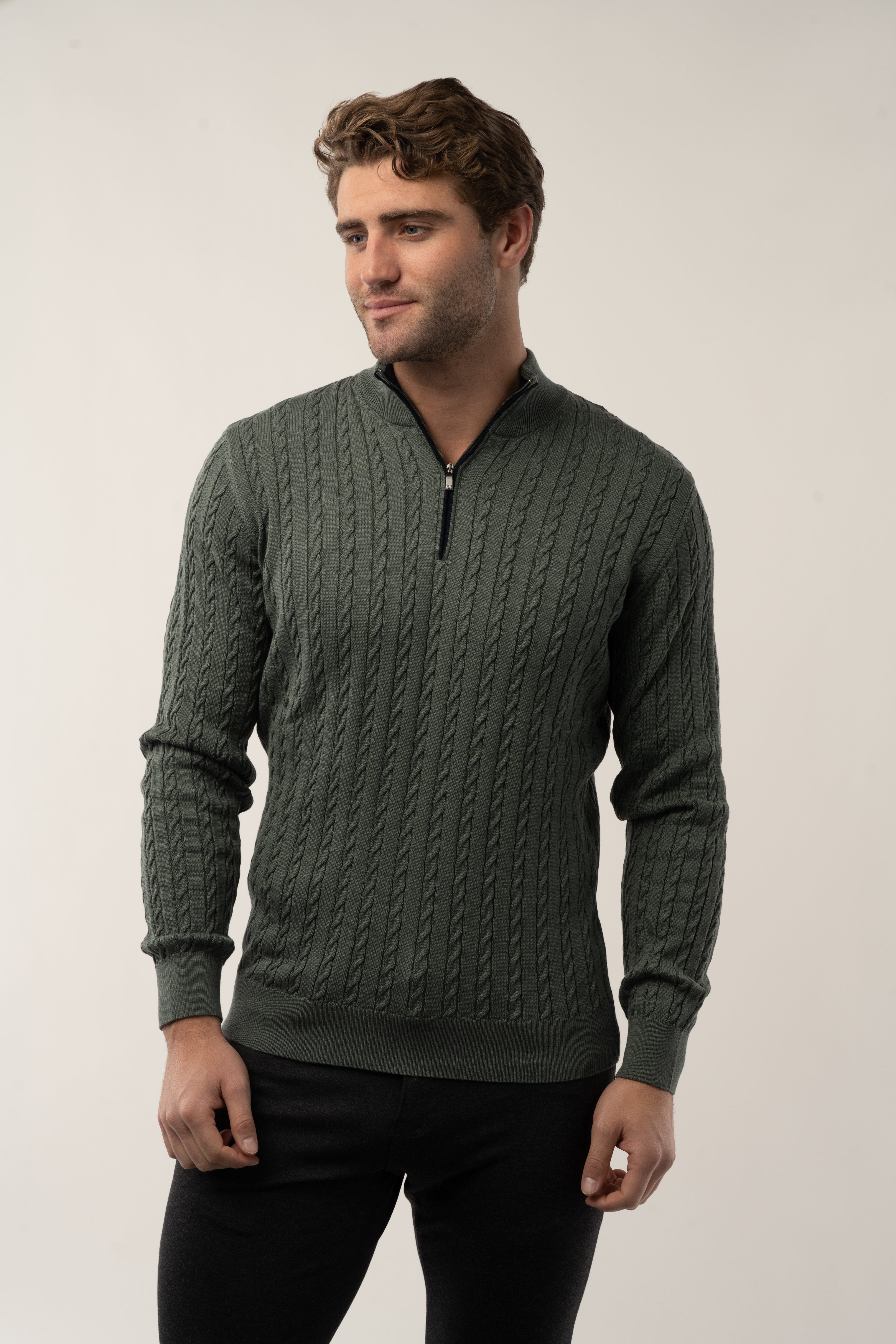 Wholesale,Luchiano Visconti, Luchiano Visconti Olive Quartz Zip Cable Long Sleeve Pullover, Green, Medium-42-TagL