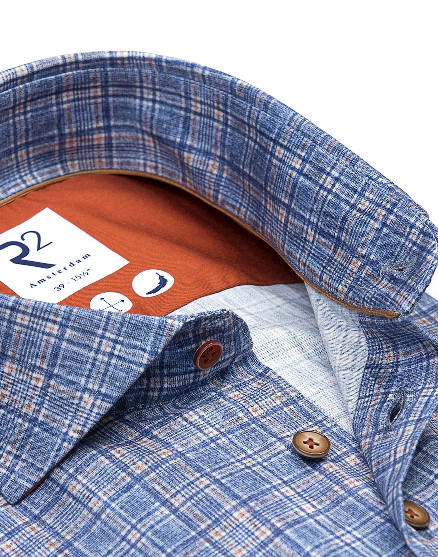 Brand Partner,R2 Amsterdam, R2 Amsterdam Blue Checkered Stretch Long Sleeve Button Up Shirt, Blue, Small-41-Tag39