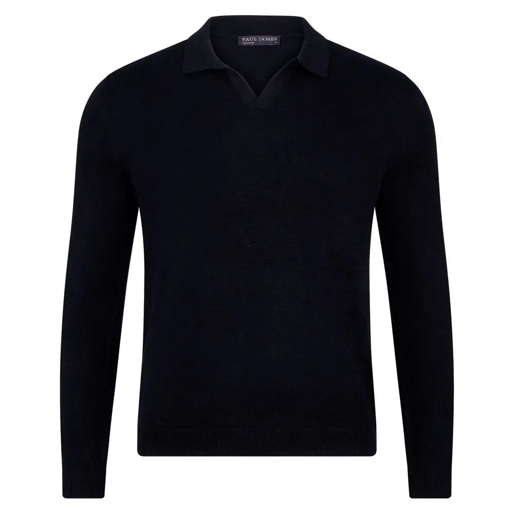 Faire,Paul James, Paul James Black Buttonless Knit Longsleeve Polo, Black, Extra Extra Large-50-TagXXLLarge-43-TagLLarge-47-TagXLSmall-40-TagSLarge-44-TagLMedium-41-TagMLarge-44-Extra Large-46-TagXLExtra Large-48-TagXL